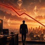 Arthur Hayes sells Ethereum featured image: trader silhouette walking away from a trading desk toward an amber sunset city skyline with a red downward trend line and Ethereum diamonds
