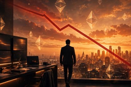Arthur Hayes sells Ethereum featured image: trader silhouette walking away from a trading desk toward an amber sunset city skyline with a red downward trend line and Ethereum diamonds
