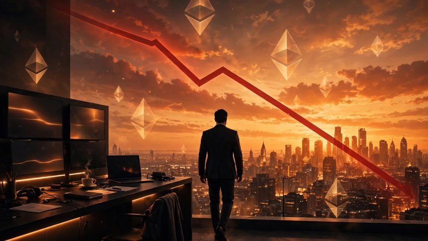 Arthur Hayes sells Ethereum featured image: trader silhouette walking away from a trading desk toward an amber sunset city skyline with a red downward trend line and Ethereum diamonds