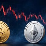 3D golden Bitcoin and silver Ethereum coins with wooden ETF letter blocks over a falling red candlestick chart