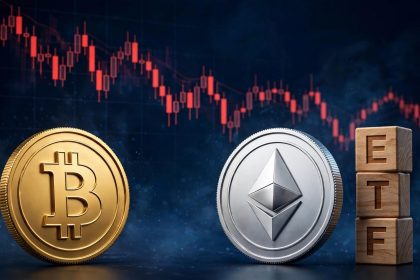 3D golden Bitcoin and silver Ethereum coins with wooden ETF letter blocks over a falling red candlestick chart