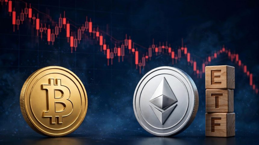 3D golden Bitcoin and silver Ethereum coins with wooden ETF letter blocks over a falling red candlestick chart