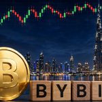 Bybit Dubai VARA license — Dubai skyline with Burj Khalifa, candlestick chart and gold Bybit coin