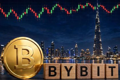 Bybit Dubai VARA license — Dubai skyline with Burj Khalifa, candlestick chart and gold Bybit coin