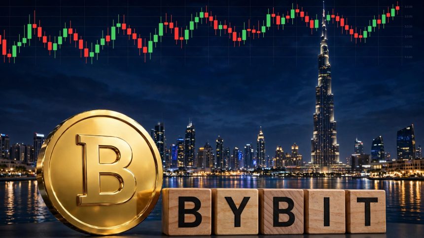 Bybit Dubai VARA license — Dubai skyline with Burj Khalifa, candlestick chart and gold Bybit coin
