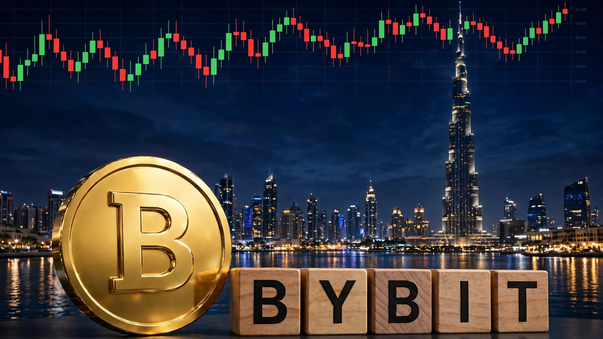 Bybit Dubai VARA license — Dubai skyline with Burj Khalifa, candlestick chart and gold Bybit coin