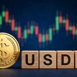 3D golden dollar coin and USDC letter blocks over a candlestick chart — Circle USDC H1 2026 revenue breakdown