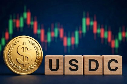 3D golden dollar coin and USDC letter blocks over a candlestick chart — Circle USDC H1 2026 revenue breakdown