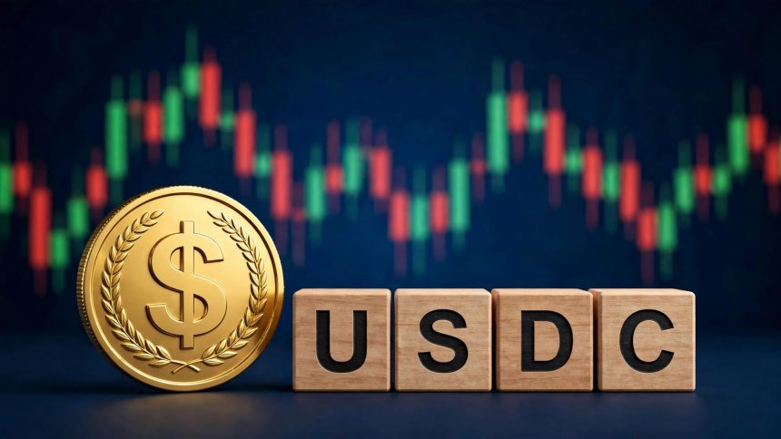 3D golden dollar coin and USDC letter blocks over a candlestick chart — Circle USDC H1 2026 revenue breakdown