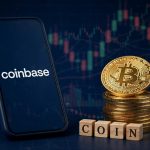 Coinbase stock price prediction: smartphone with Coinbase logo, 3D golden Bitcoin coins and COIN letter blocks over a candlestick chart