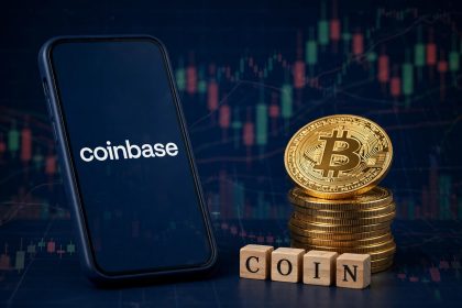 Coinbase stock price prediction: smartphone with Coinbase logo, 3D golden Bitcoin coins and COIN letter blocks over a candlestick chart