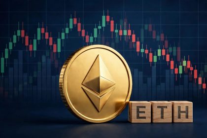 Ethereum price crash after hot September CPI — golden 3D ETH coin with wooden letter blocks over a falling red candlestick chart