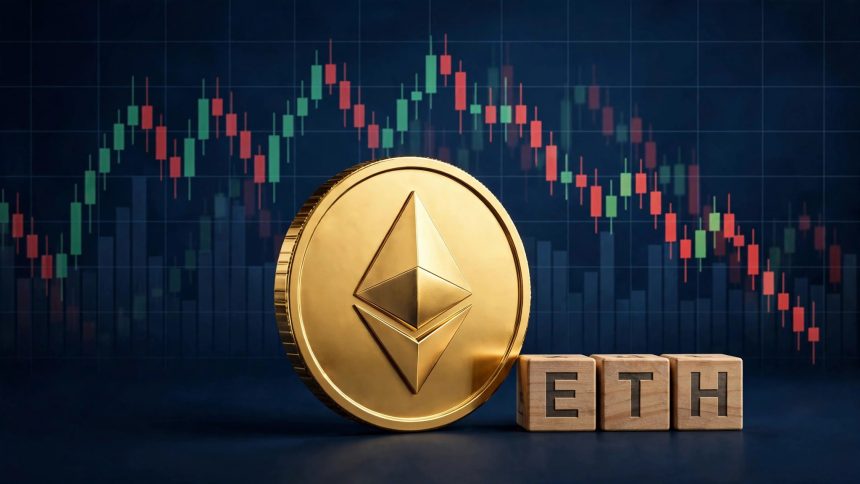 Ethereum price crash after hot September CPI — golden 3D ETH coin with wooden letter blocks over a falling red candlestick chart