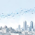 Netanyahu blockchain plan: Jerusalem skyline with blockchain network overlay in light blue and white