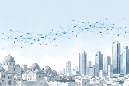 Netanyahu blockchain plan: Jerusalem skyline with blockchain network overlay in light blue and white