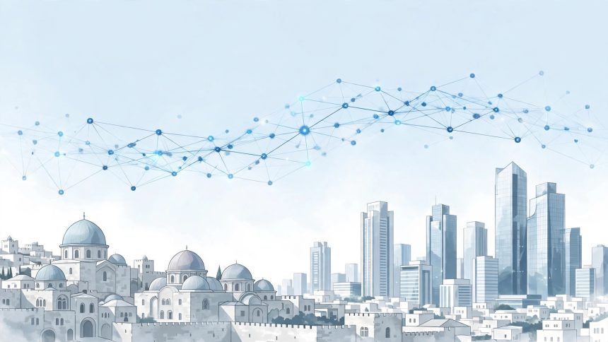 Netanyahu blockchain plan: Jerusalem skyline with blockchain network overlay in light blue and white