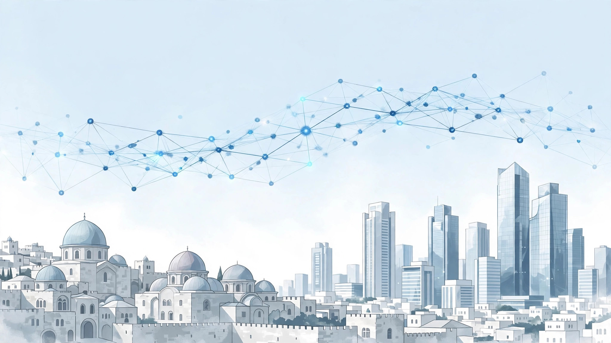 Netanyahu blockchain plan: Jerusalem skyline with blockchain network overlay in light blue and white