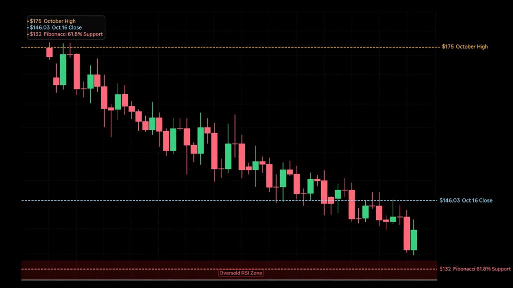 SPCX stock key price levels chart showing $175 October high resistance, $146.03 close, and $132 Fibonacci support