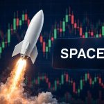 SpaceX stock prediction after $200B unlock: 3D rocket launching beside SPACEX panel over dark navy candlestick chart