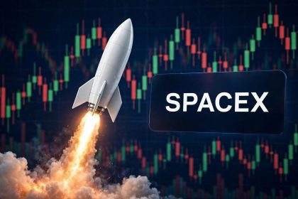 SpaceX stock prediction after $200B unlock: 3D rocket launching beside SPACEX panel over dark navy candlestick chart