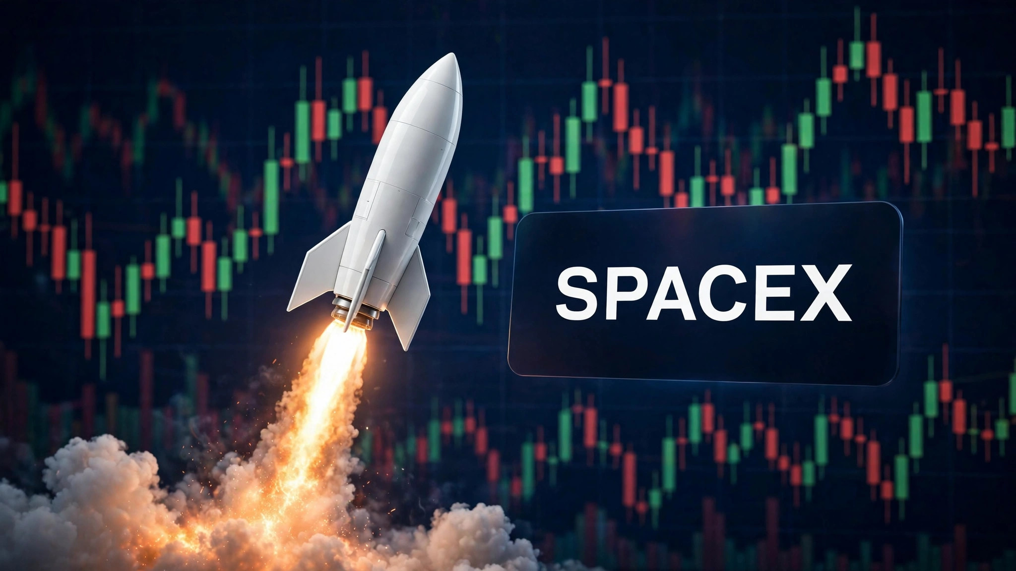 SpaceX stock prediction after $200B unlock: 3D rocket launching beside SPACEX panel over dark navy candlestick chart