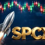 SpaceX stock forecast featured graphic with SPCX 3D letter blocks and a rocket launch over a candlestick price chart