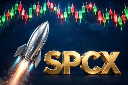 SpaceX stock forecast featured graphic with SPCX 3D letter blocks and a rocket launch over a candlestick price chart