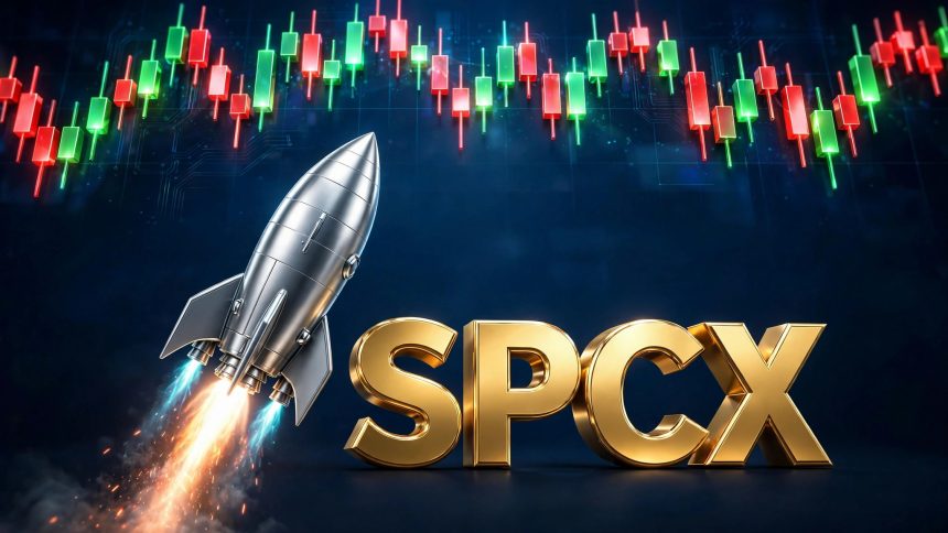 SpaceX stock forecast featured graphic with SPCX 3D letter blocks and a rocket launch over a candlestick price chart