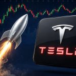 Tesla stock price prediction chart: 3D Tesla logo card with rocket launching over dark navy candlestick chart after Q3 2026 earnings