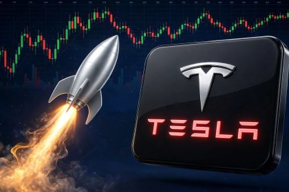 Tesla stock price prediction chart: 3D Tesla logo card with rocket launching over dark navy candlestick chart after Q3 2026 earnings
