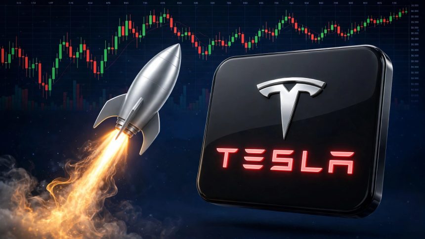 Tesla stock price prediction chart: 3D Tesla logo card with rocket launching over dark navy candlestick chart after Q3 2026 earnings