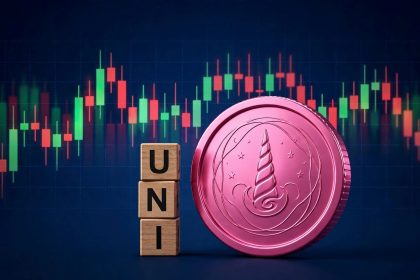 Uniswap UNI price prediction: 3D pink coin and UNI letter blocks over a candlestick chart after the CME futures launch