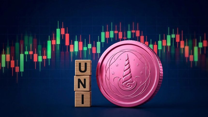 Uniswap UNI price prediction: 3D pink coin and UNI letter blocks over a candlestick chart after the CME futures launch