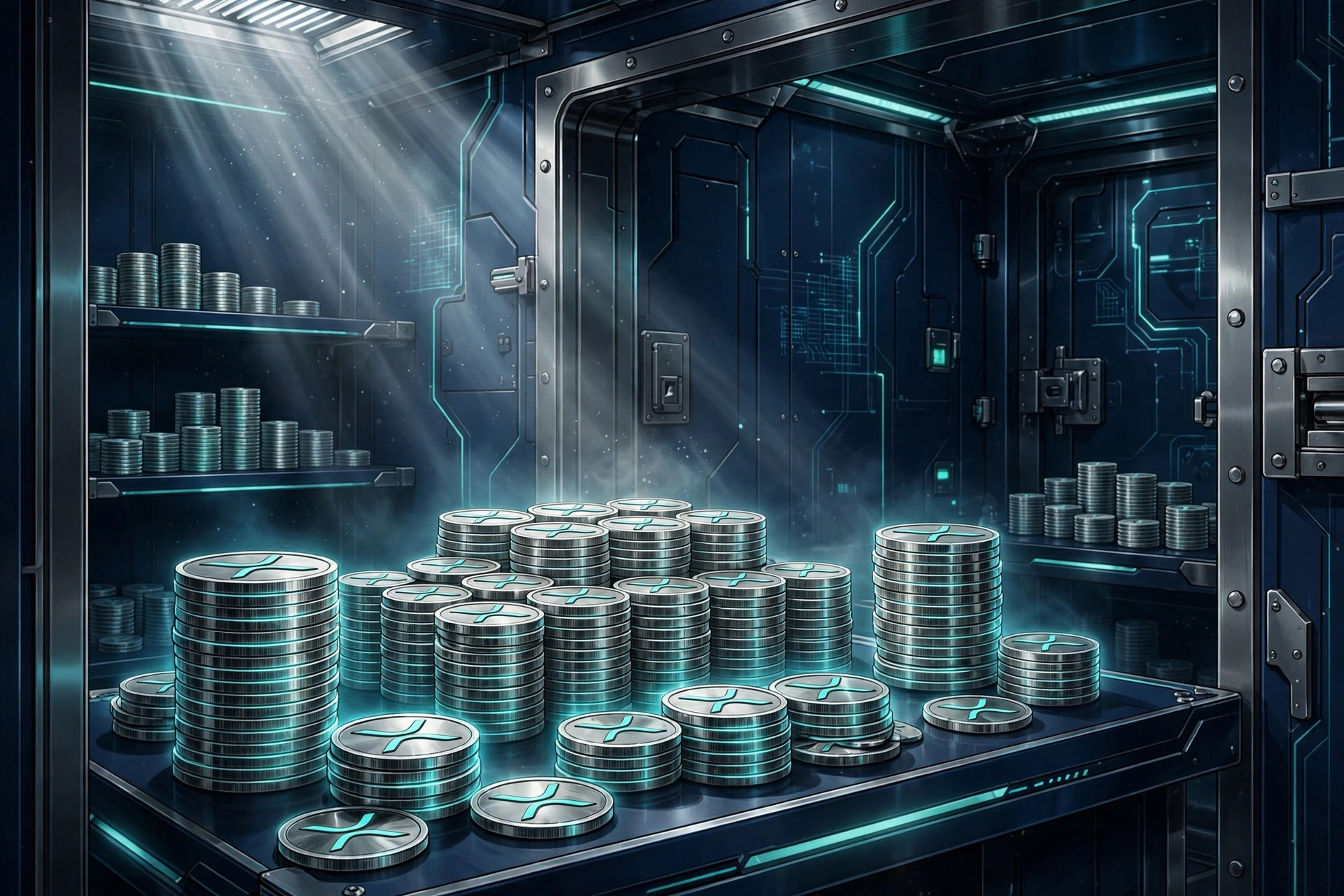 Digital vault holding stacks of XRP coins representing Evernorth's 473 million XRP treasury
