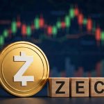 Zcash price prediction 2026: golden 3D ZEC coin and letter blocks against a candlestick chart ahead of the NU7 upgrade decision