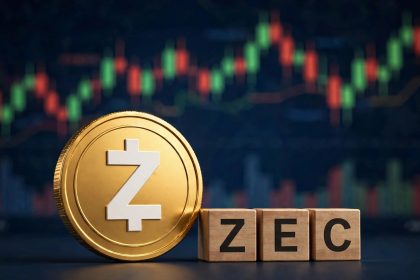 Zcash price prediction 2026: golden 3D ZEC coin and letter blocks against a candlestick chart ahead of the NU7 upgrade decision