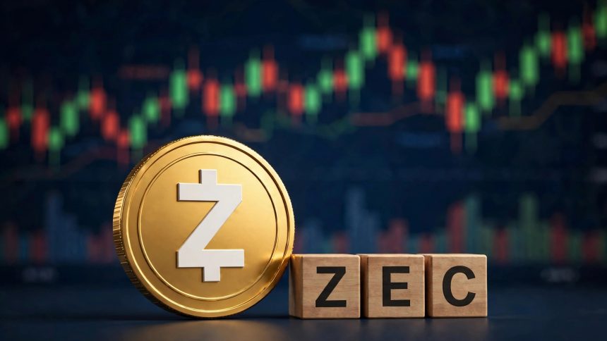 Zcash price prediction 2026: golden 3D ZEC coin and letter blocks against a candlestick chart ahead of the NU7 upgrade decision